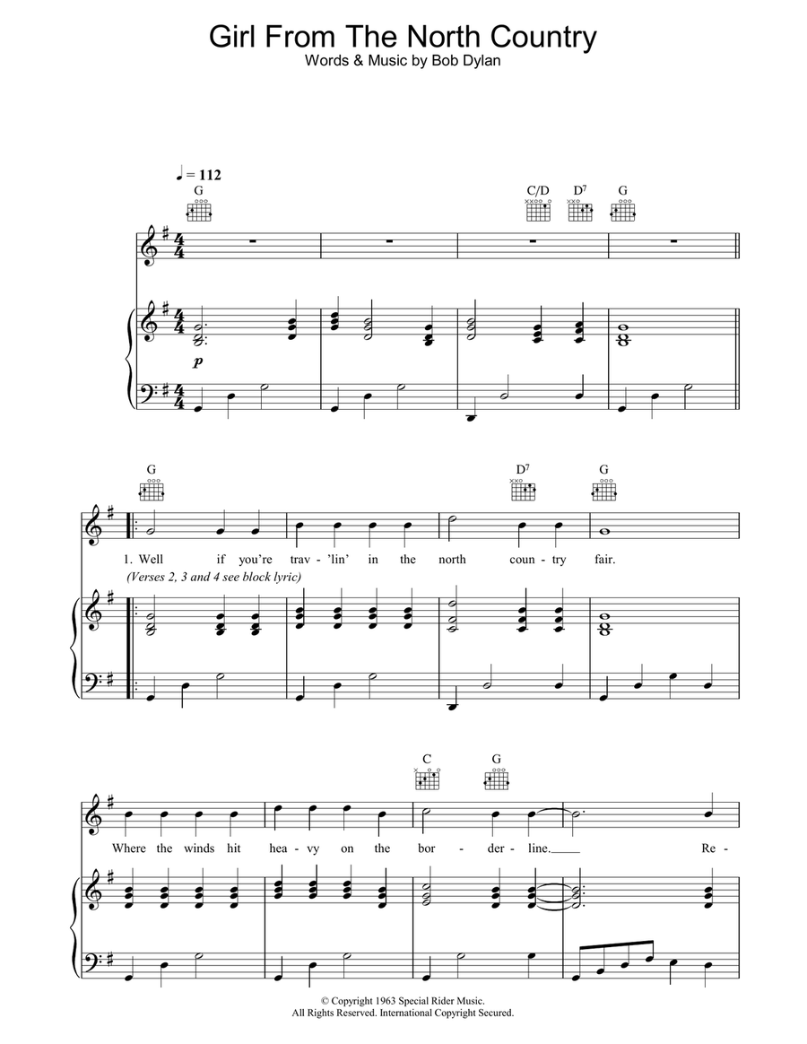 Girl From The North Country Piano, Vocal, Guitar scores gallery preview page 1