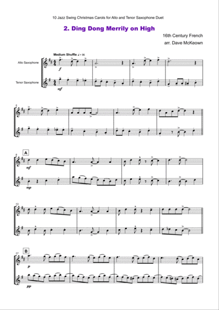 10 Jazz Swing Carols for Alto and Tenor Saxophone Duet Woodwind Duet scores gallery preview page 6