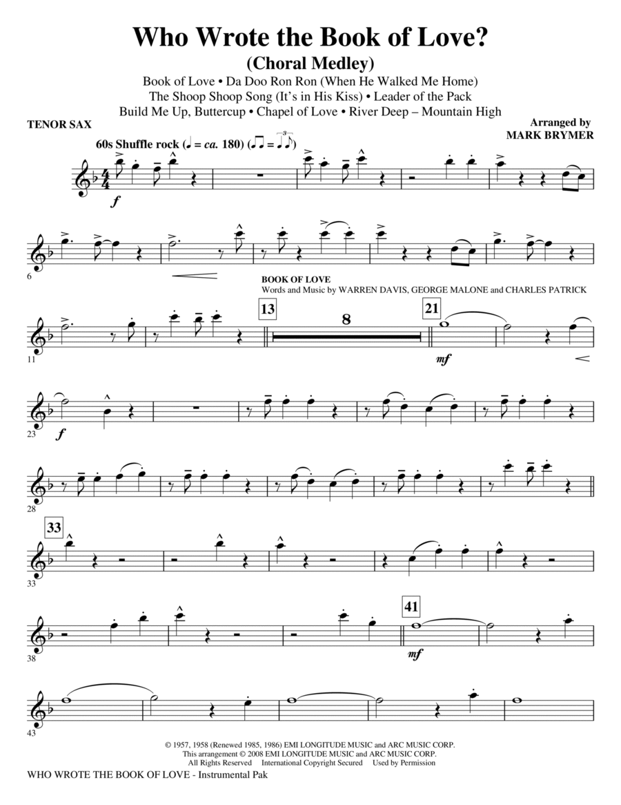 Who Wrote The Book Of Love? (Choral Medley) - Tenor Sax Choir scores gallery preview page 1
