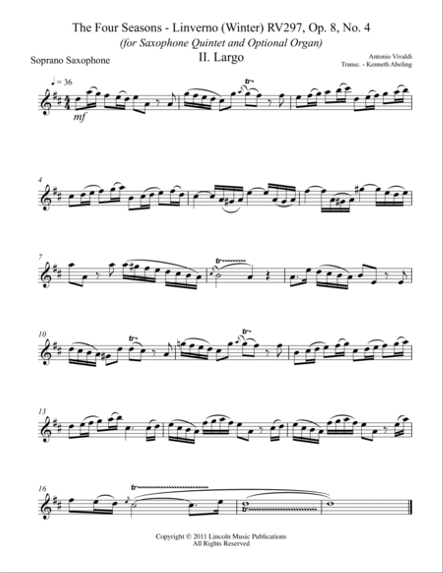 Vivaldi – L’inverno “Winter” 2. Largo from The Four Seasons - (for Saxophone Quintet SATTB) Saxophone Quintet scores gallery preview page 5