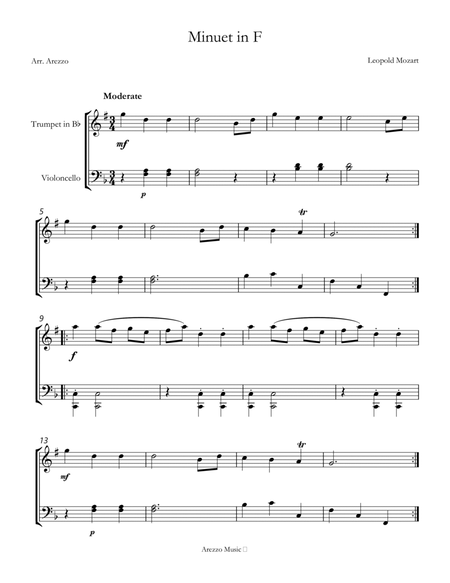 sheet music for minuet in f leopold mozart trumpet and cello image number null