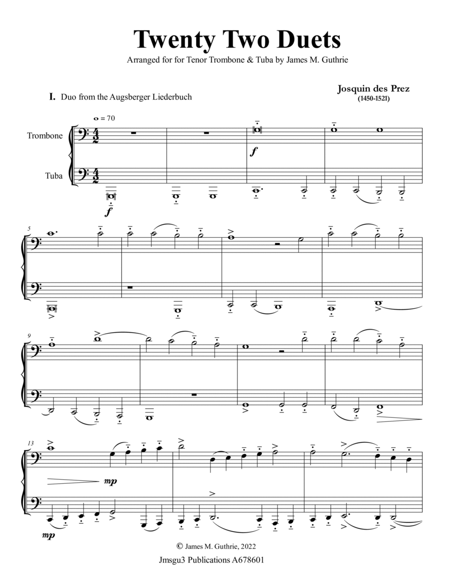 Josquin: 22 Duets for Trombone & Tuba Brass Duet scores gallery preview page 1