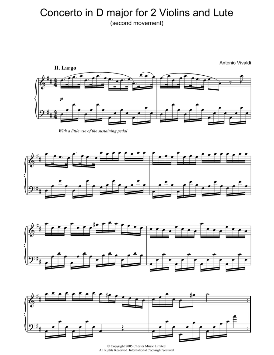 Concerto in D major for 2 Violins and Lute (second movement) Lute scores gallery preview page 1