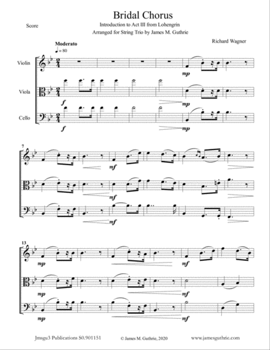 Wagner: Bridal Chorus for String Trio String Trio scores gallery preview page 1