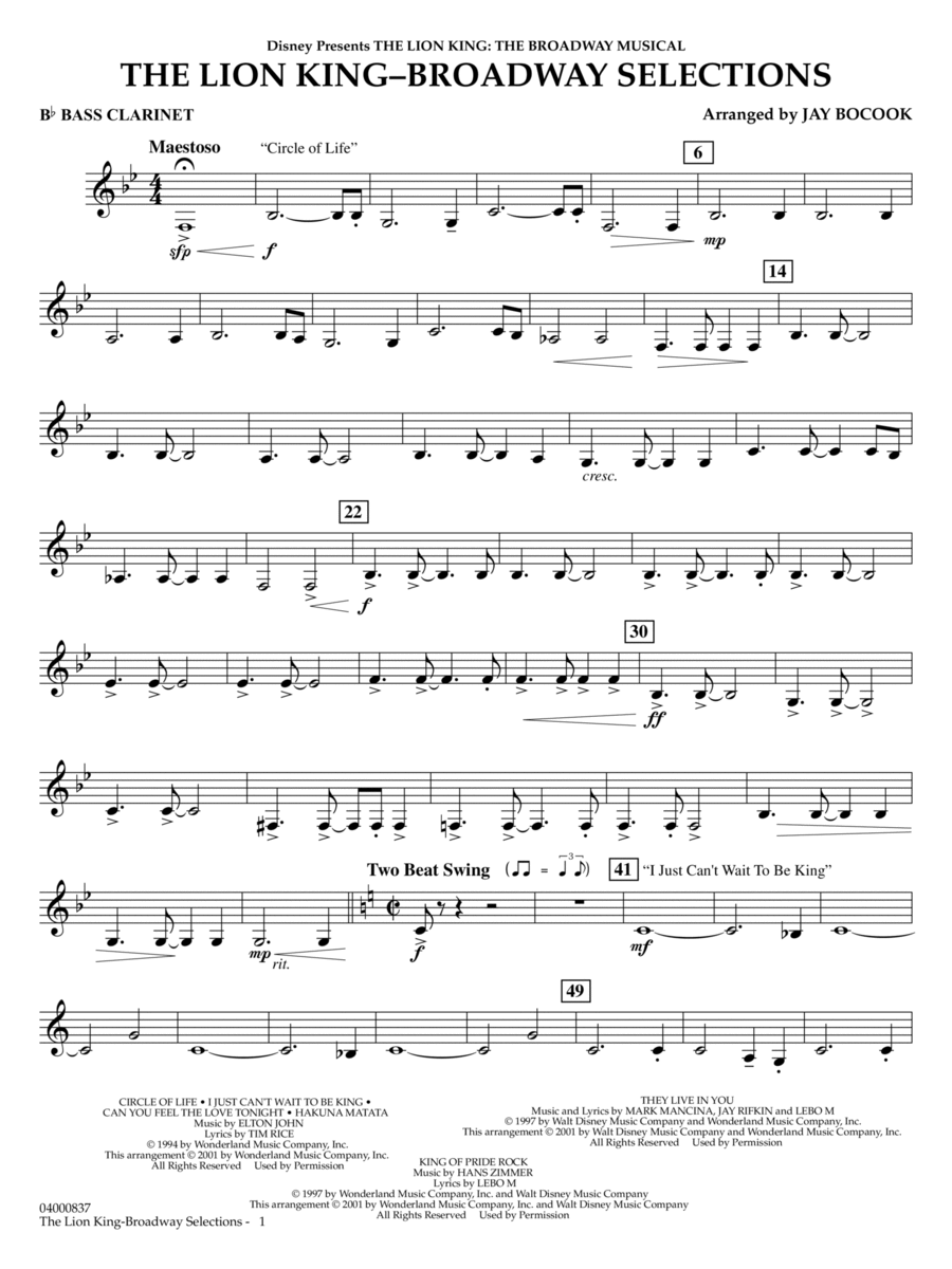 The Lion King: Broadway Selections - Bb Bass Clarinet Concert Band scores gallery preview page 1