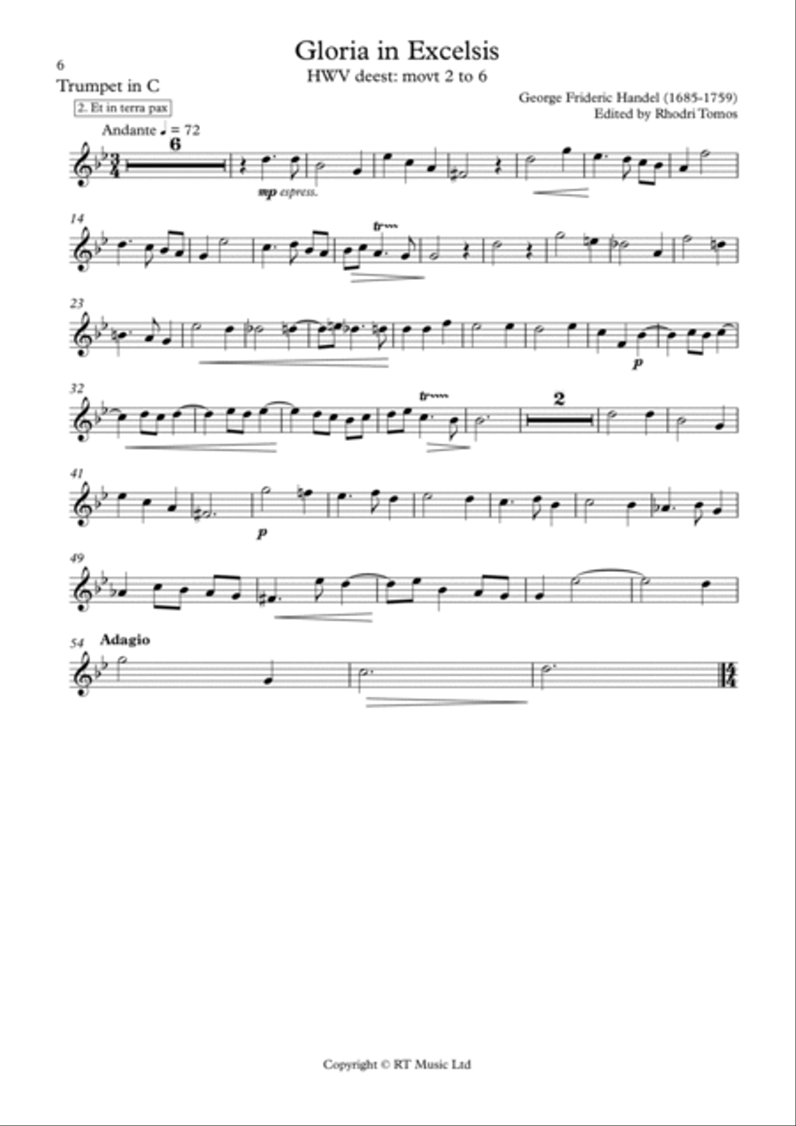 Handel HWV deest Gloria in Excelsis movts 2 to 6 only solo sheet music Trumpet Solo scores gallery preview page 6