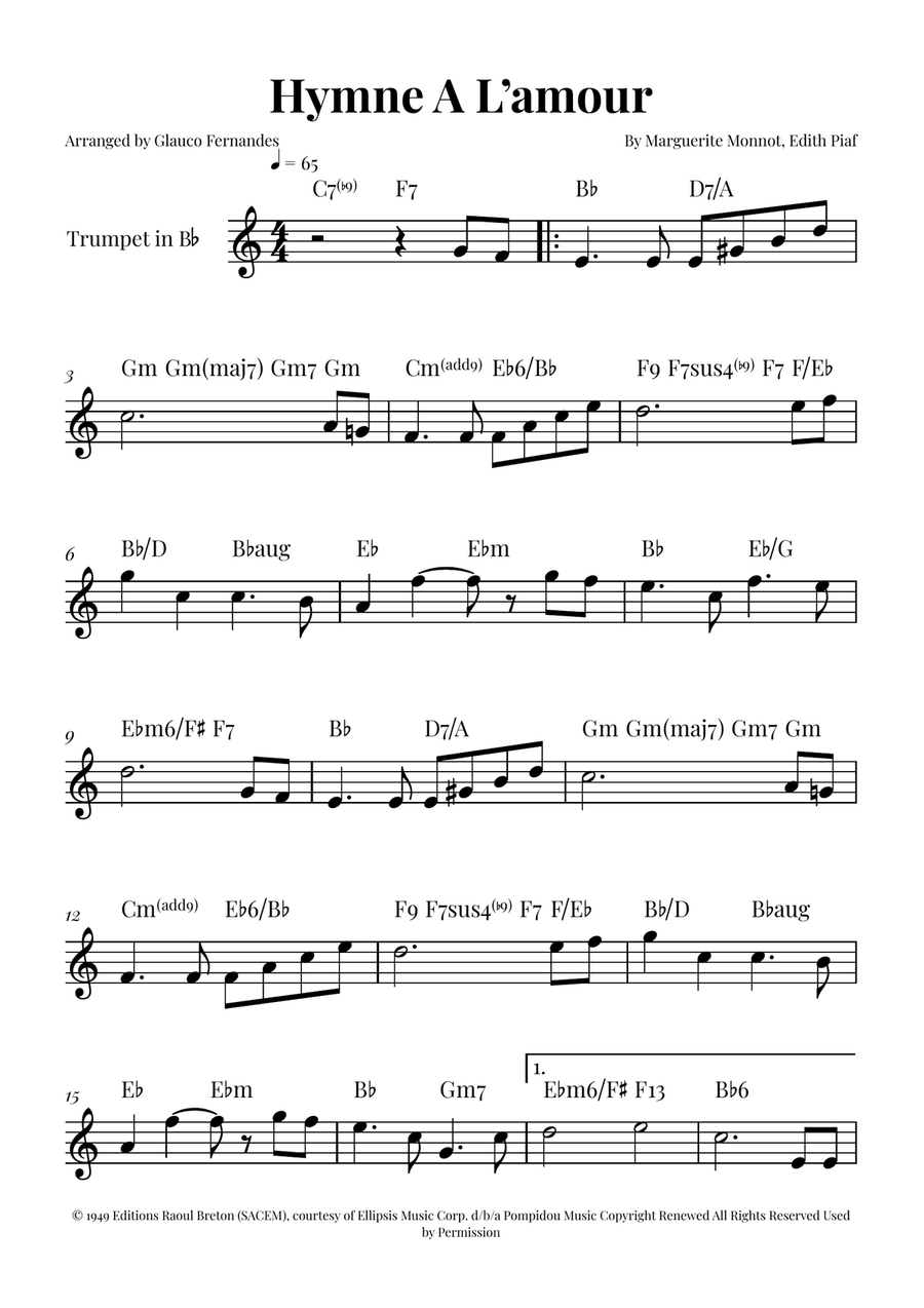 Hymne A L'amour B-Flat Trumpet scores gallery preview page 1