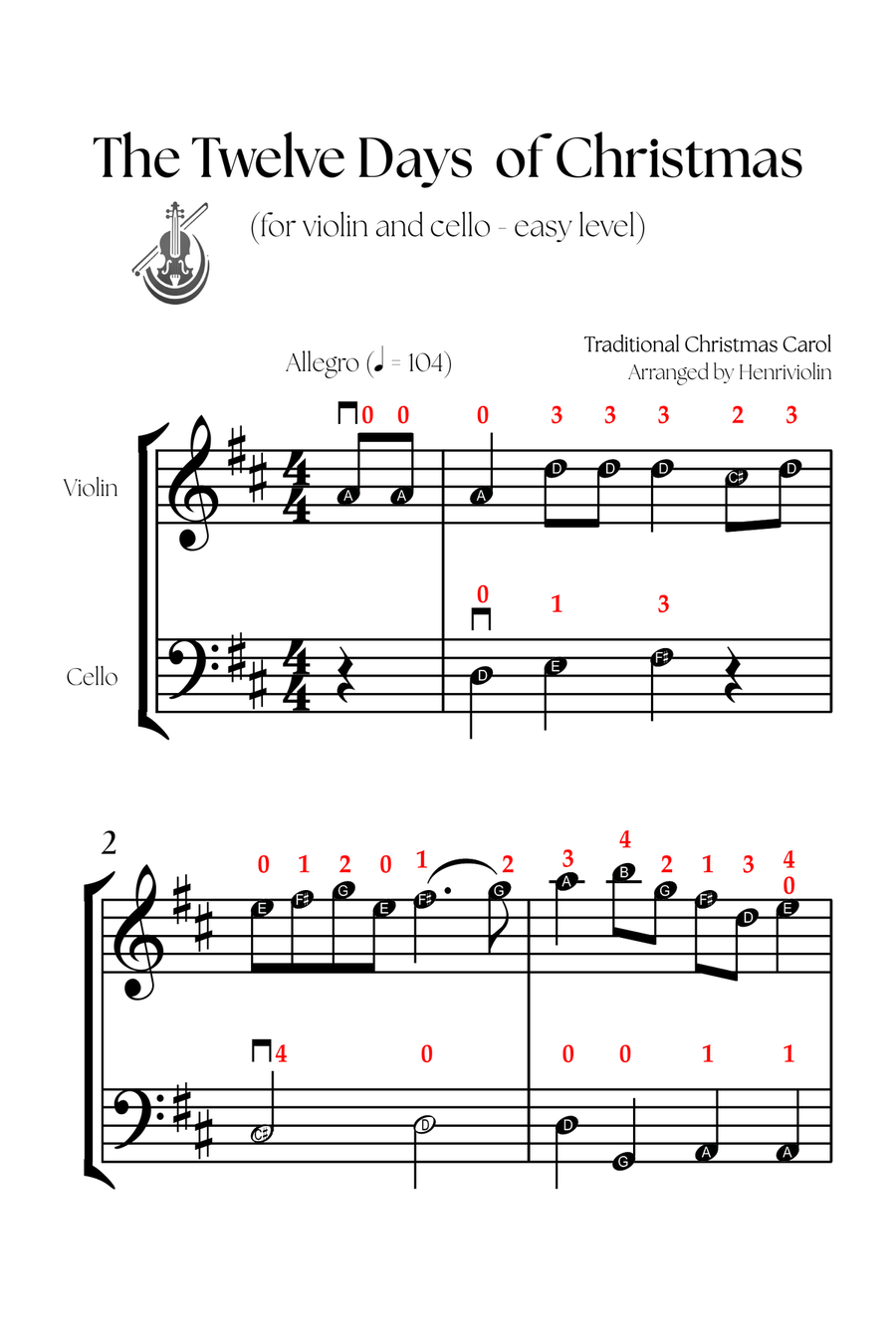 The Twelve Days of Christmas (VIOLIN AND CELLO - EASY LEVEL) String Duet scores gallery preview page 2