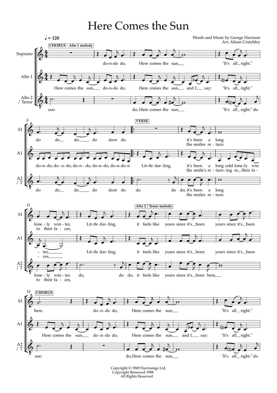 Here Comes The Sun (arr. Alison Crutchley) Women's Choir scores gallery preview page 1