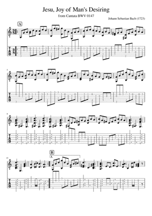 Jesu Joy of Man's Desiring - for Fingerstyle Guitar with Tabulature and Notation