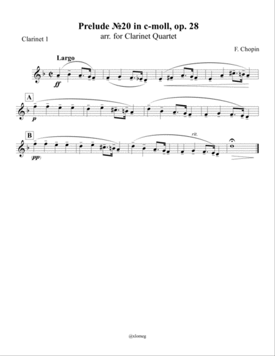 F. Chopin - Prelude №20 in c-moll, op. 28, arr. for Clarinet Quartet Clarinet Quartet scores gallery preview page 2
