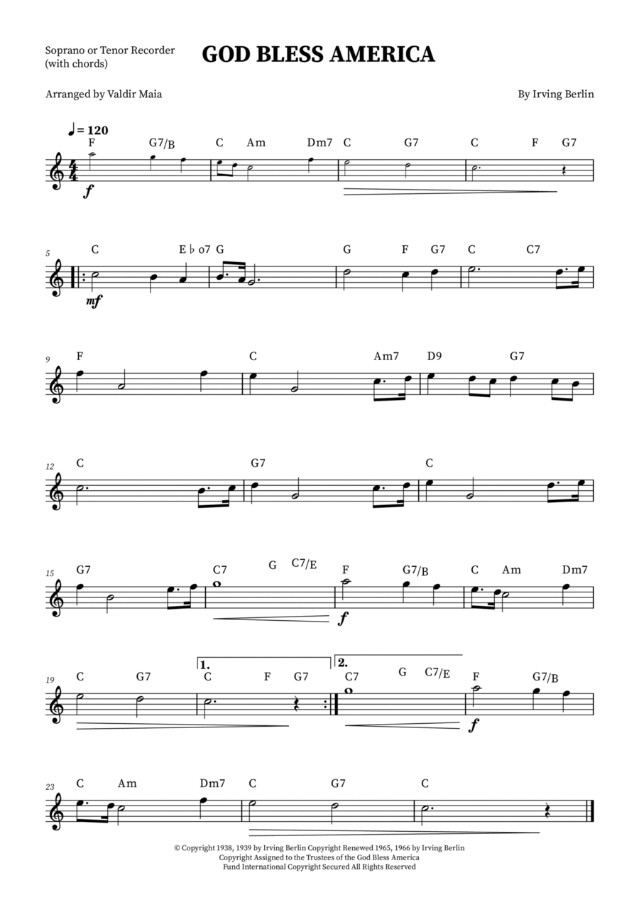God Bless America ® God Bless America ® Soprano Recorder scores gallery preview page 1