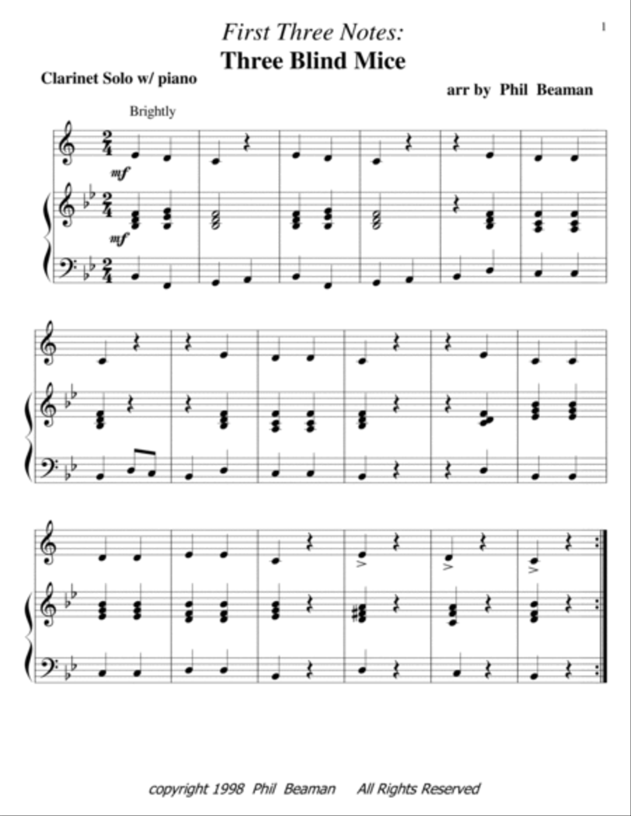 First Three Notes - Three Blind Mice - Mary Had a Little Lamb - clarinet and piano Clarinet Solo scores gallery preview page 2