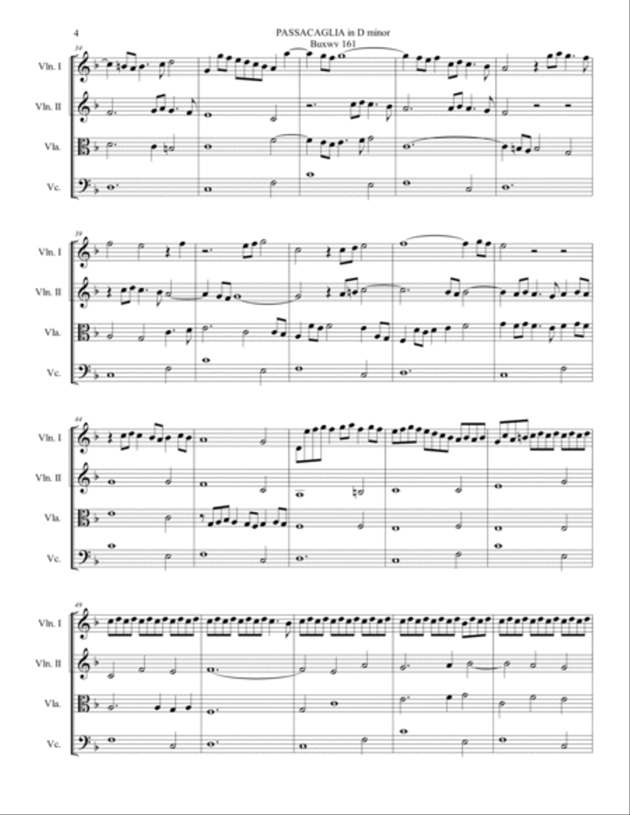 BUXTEHUDE - PASSACAGLIA IN D MINOR - BuxWv 161 - Arr. for String Quartet String Quartet scores gallery preview page 3