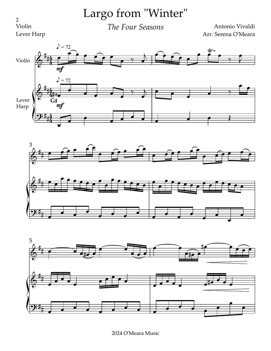 Largo from “Winter”, Duet for Violin & Lever Harp String Duet scores gallery preview page 2