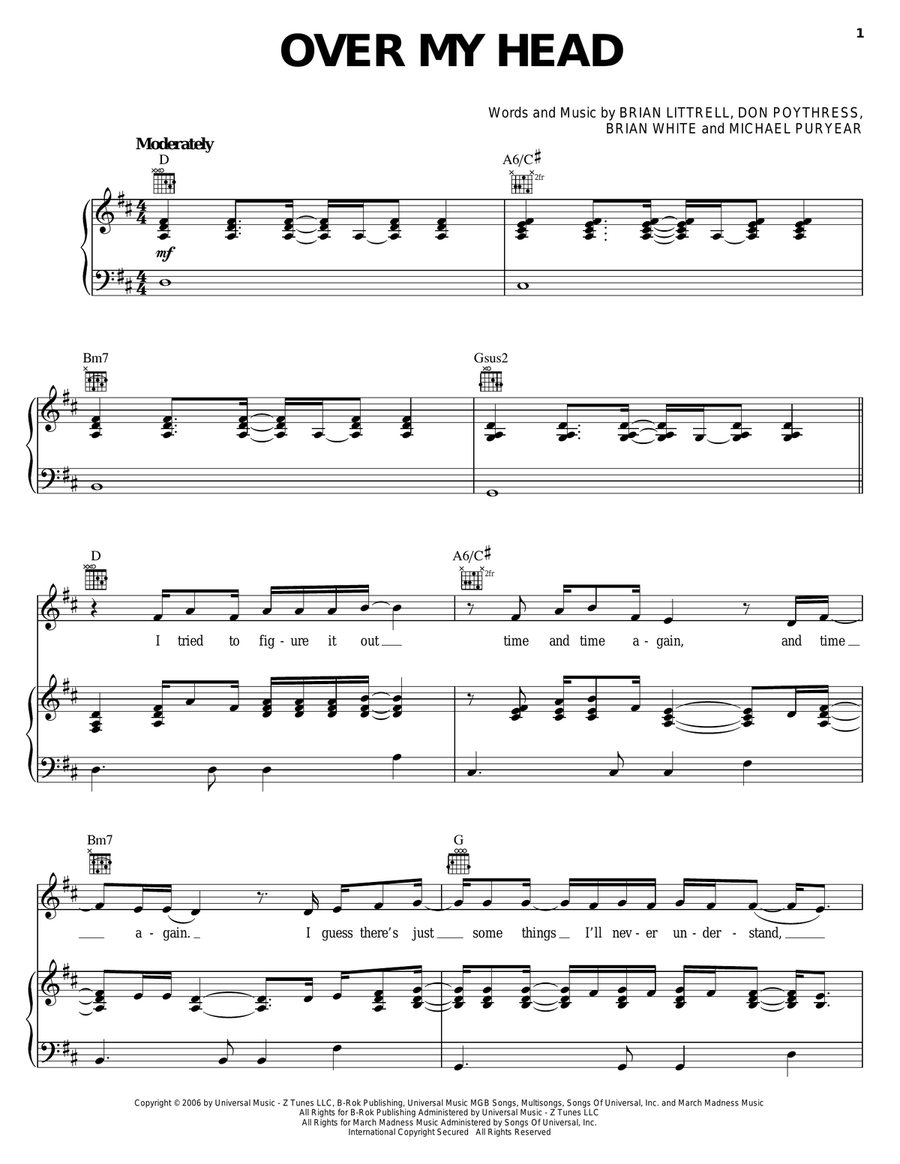 Over My Head Over My Head Piano, Vocal, Guitar scores gallery preview page 1