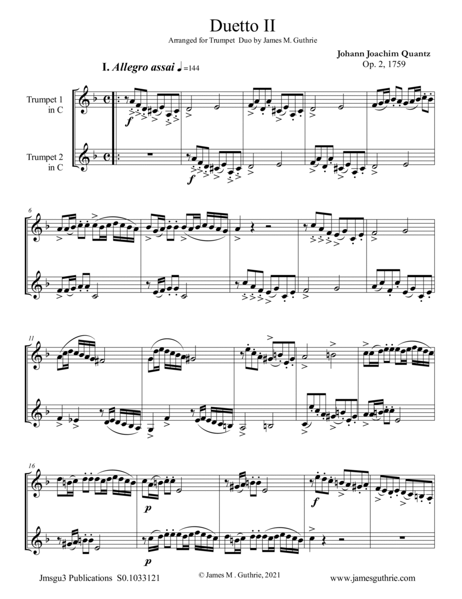 Quantz: Duetto Op. 2 No. 2 for Trumpet Duo Trumpet Duet scores gallery preview page 1