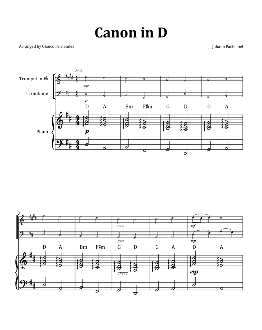 Canon by Pachelbel - Trumpet and Trombone Duet with Piano and Chord Notation image number null