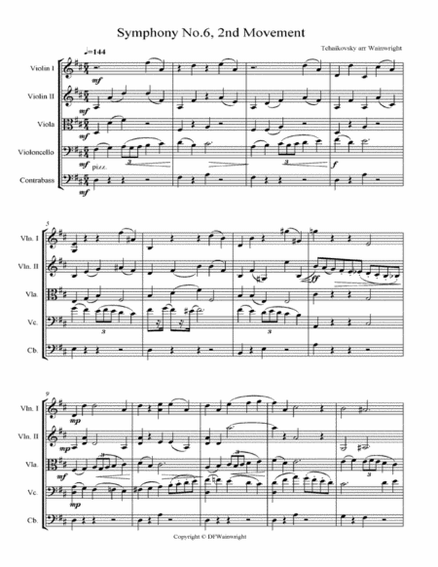 Tchaikovsky 6th Symphony 2nd movement arranged for string quartet with optional bass, score & parts image number null