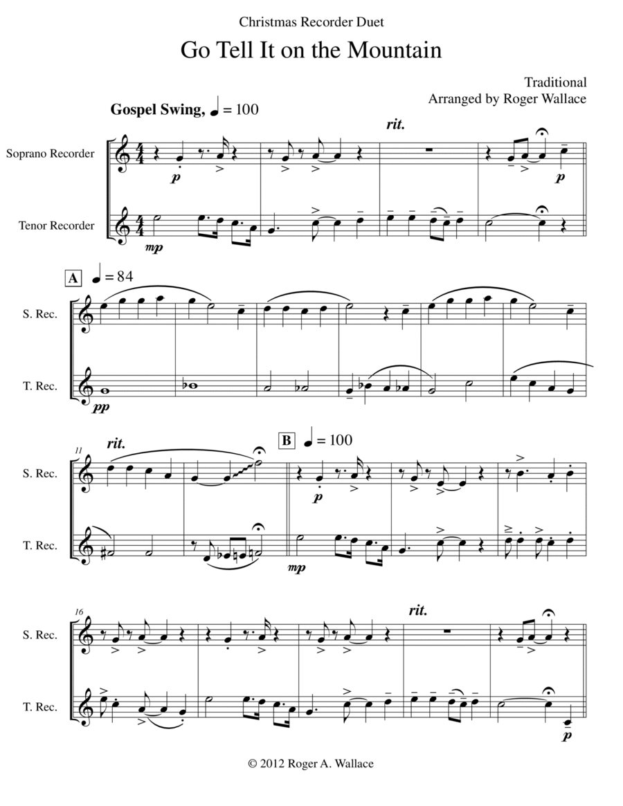 Go Tell It on the Mountain (Recorder Duet) Woodwind Duet scores gallery preview page 1