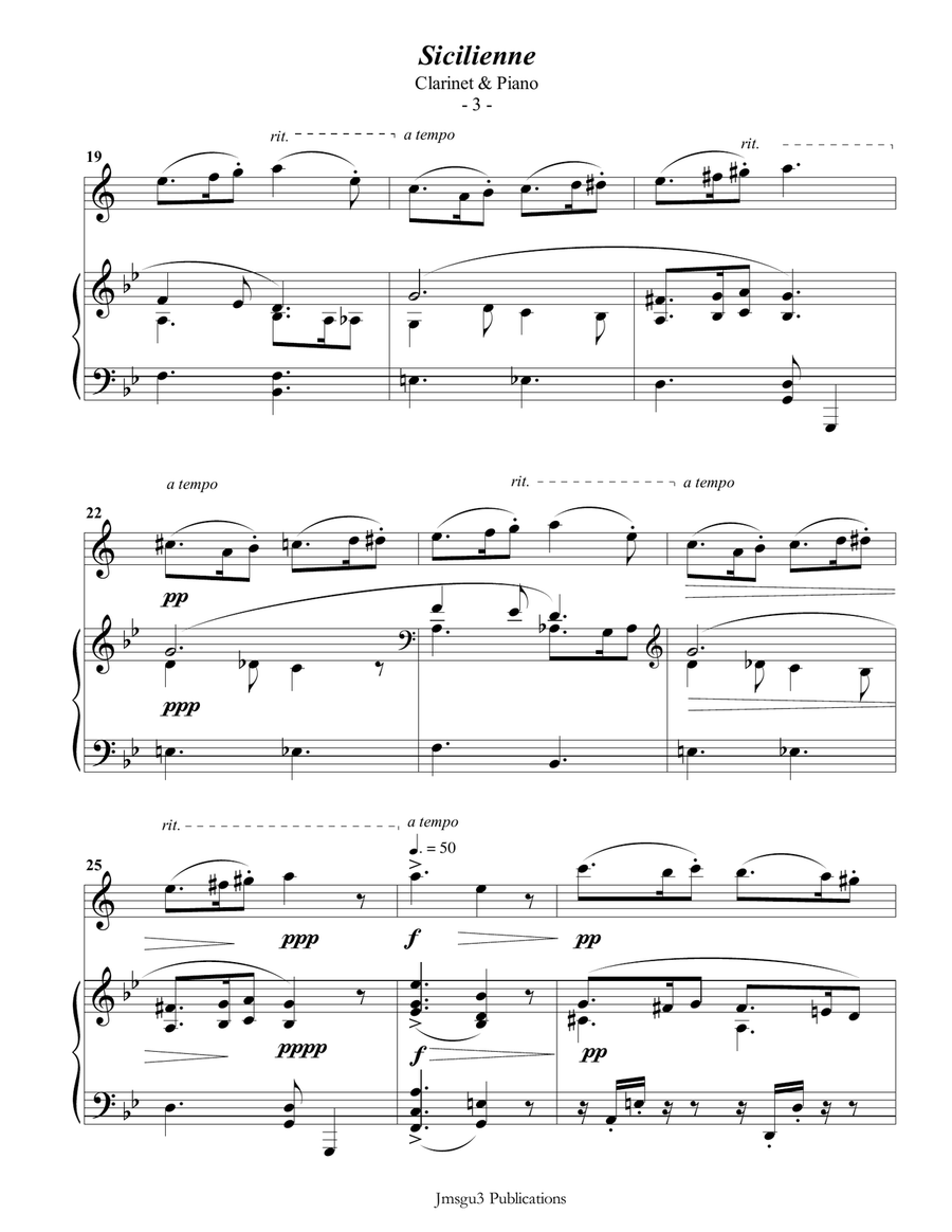 Fauré: Sicilienne for Clarinet & Piano B-Flat Clarinet scores gallery preview page 4