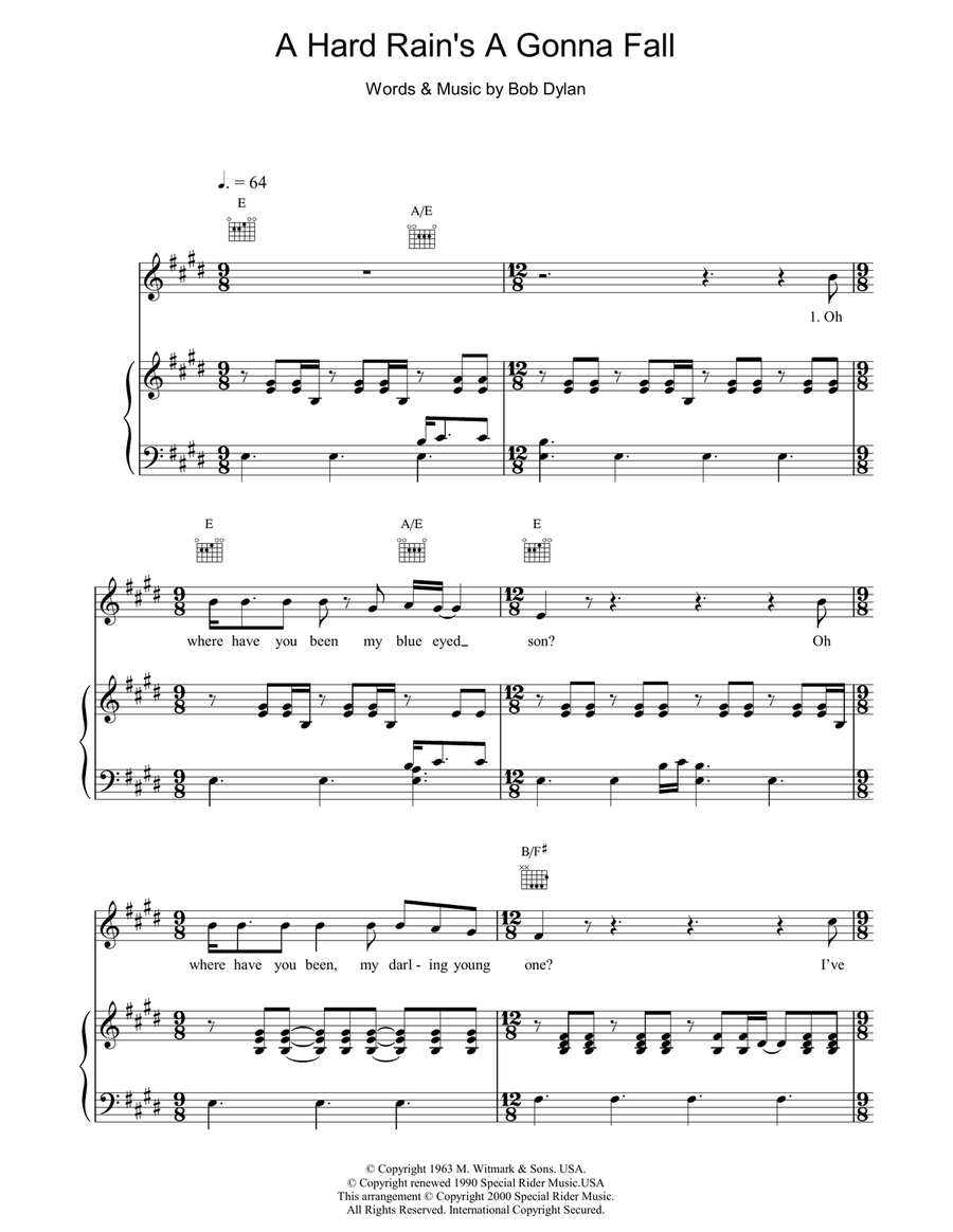 A Hard Rain's Gonna Fall A Hard Rain's Gonna Fall Piano, Vocal, Guitar scores gallery preview page 1