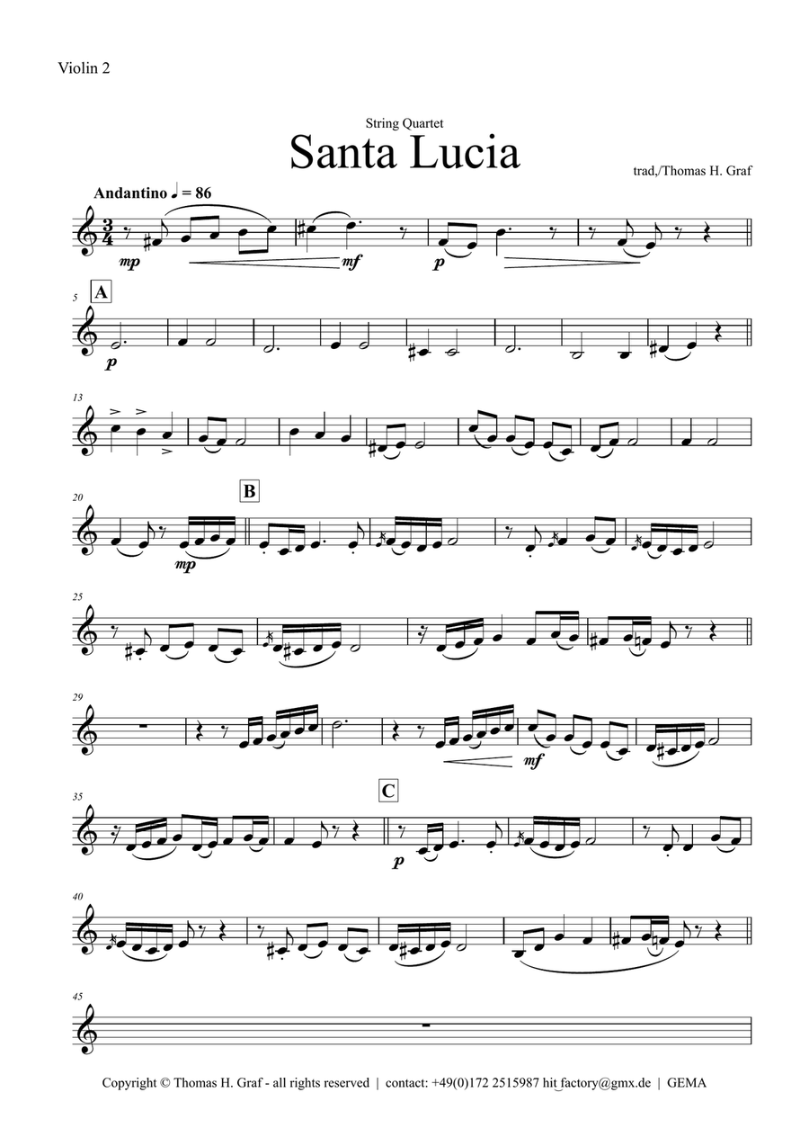 Santa Lucia - Italian Folk Song - Here in the twighlight - String Quartet String Quartet scores gallery preview page 6