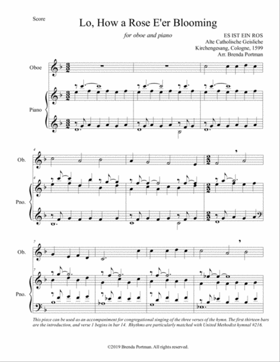 Lo, How a Rose E'er Blooming (oboe/piano), arr. Brenda Portman Piano scores gallery preview page 1
