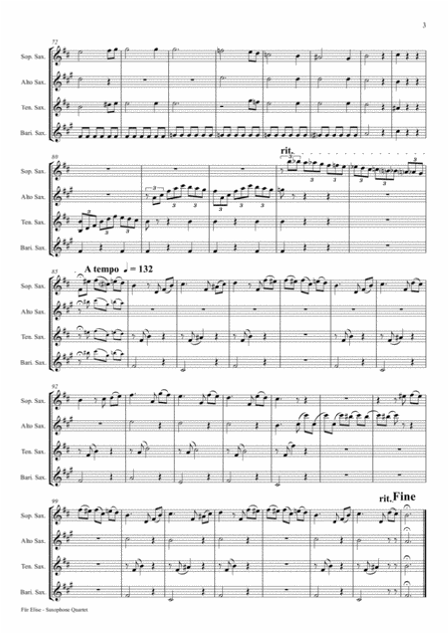 For Elise - Ludwig van Beethoven - Saxophone Quartet Saxophone Quartet scores gallery preview page 3