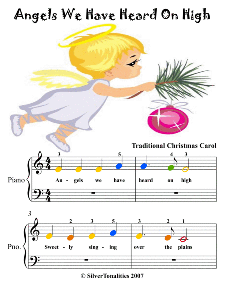 Angels We Have Heard On High Beginner Piano Sheet Music with Colored Notation