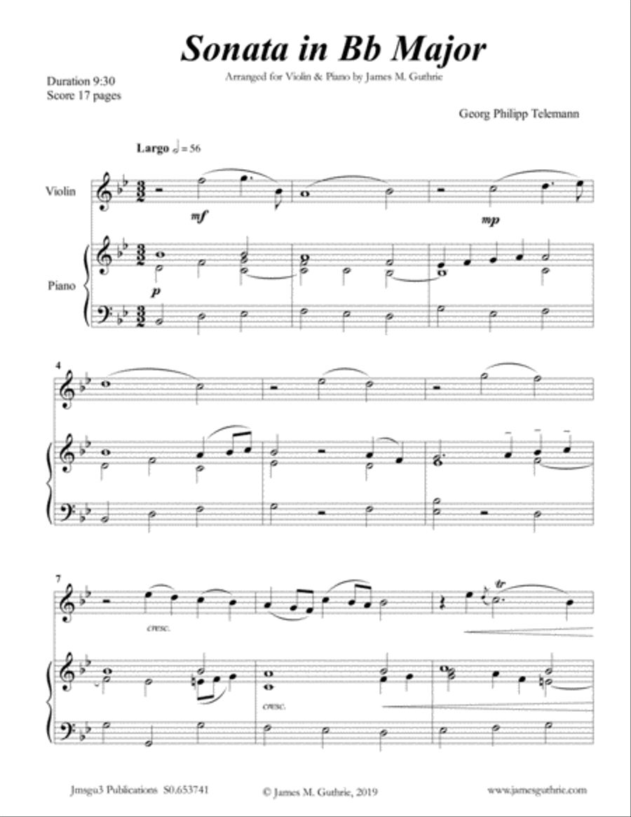 Telemann: Sonata in Bb Major for Violin & Piano Violin Solo scores gallery preview page 1