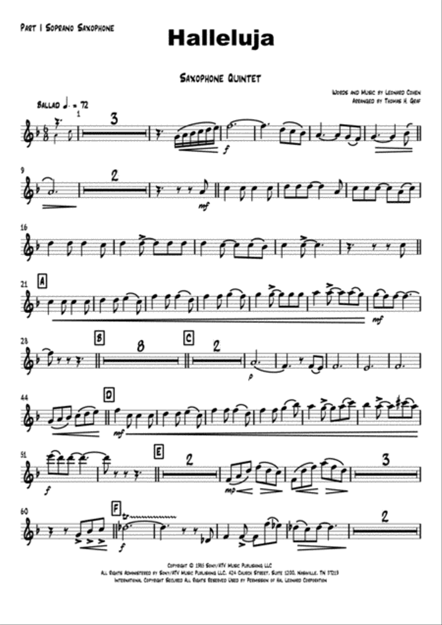Hallelujah Saxophone Quintet scores gallery preview page 6