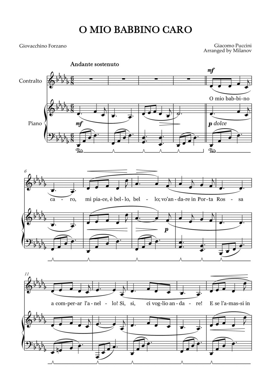 O Mio Babbino Caro | Female Voice Contralto | D-flat Major | Piano accompaniment | Pedal Alto Voice scores gallery preview page 1