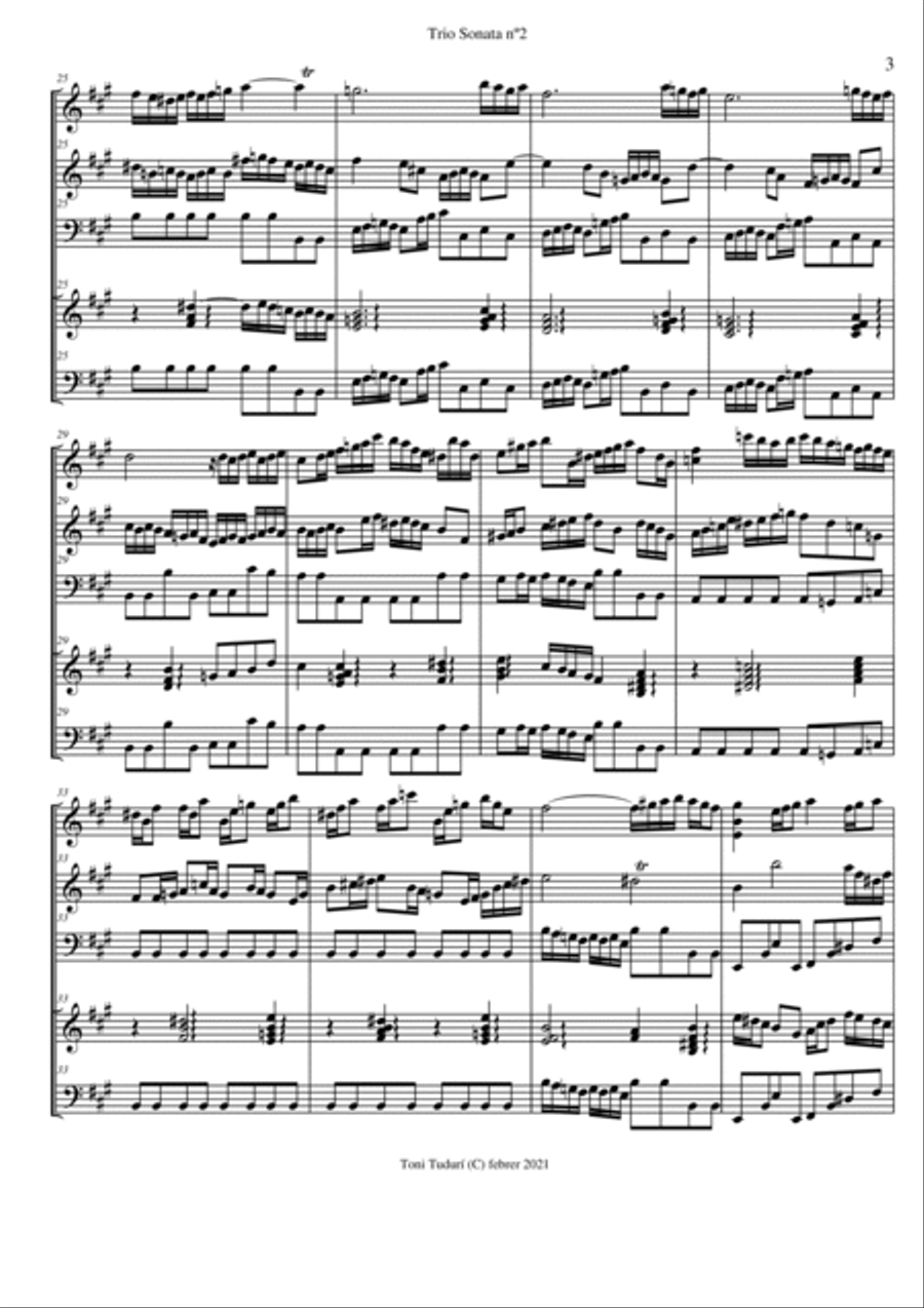 Trio sonata nº2 in A Major for flute, violin & cello, 2 violins & cello and basso continuo (SCORE D Small Ensemble scores gallery preview page 3
