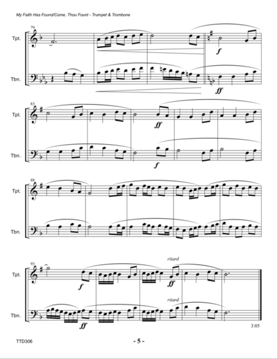 MY FAITH HAS FOUND A RESTING PLACE/COME THOU FOUNT OF EVERY BLESSING - Trumpet & Trombone Duet (unac Brass Duet scores gallery preview page 5