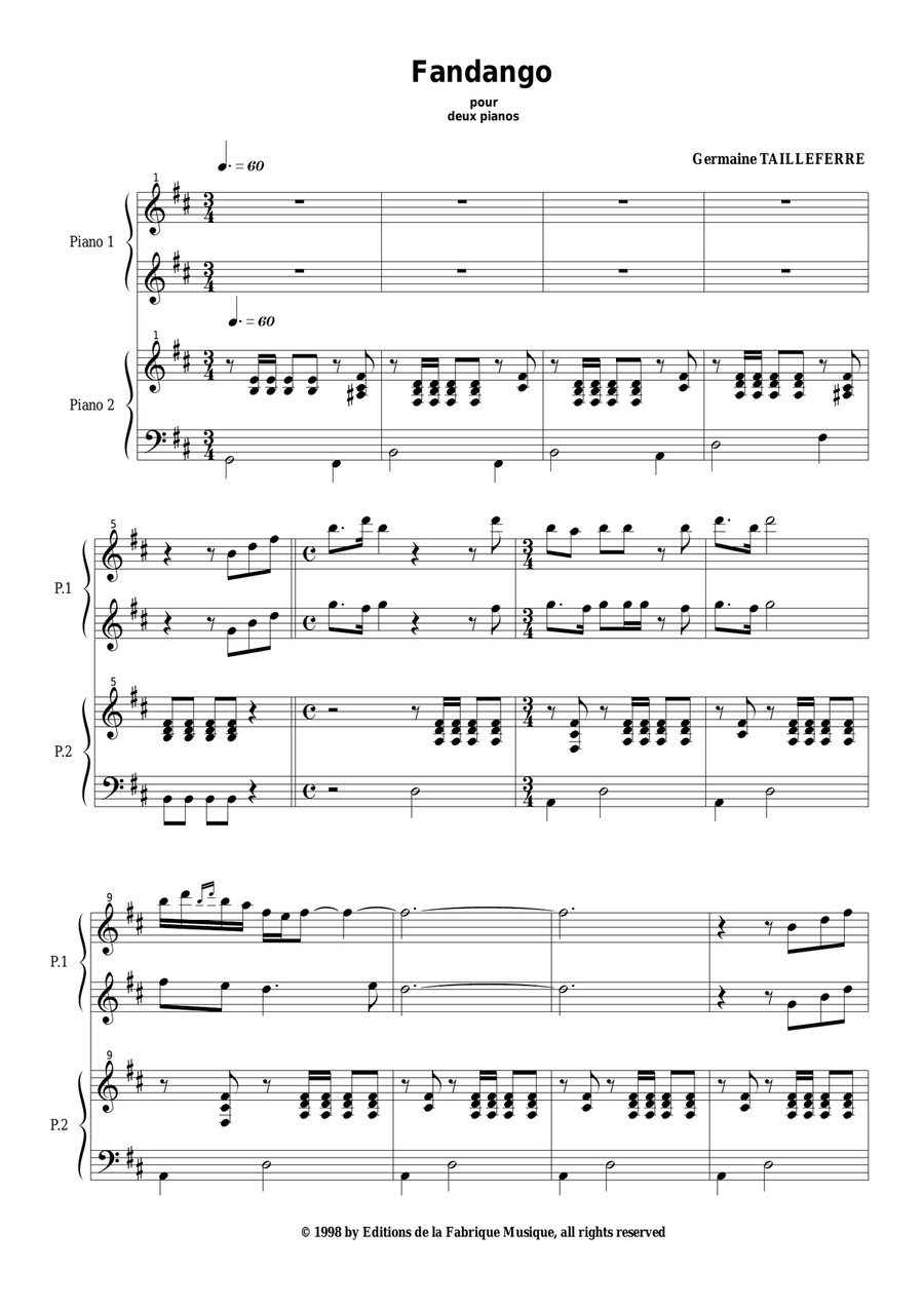 Germaine Tailleferre: Fandango for two pianos 2 Pianos, 4-Hands scores gallery preview page 2