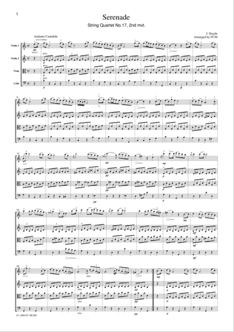 Haydn Serenade (String Quartet No.17, 2nd mvt.), for string quartet, CH001 String Quartet scores gallery preview page 1