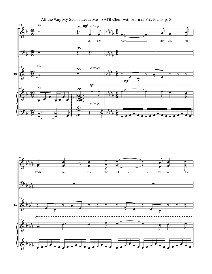 ALL THE WAY MY SAVIOR LEADS ME (SATB Choir with Horn in F & Piano - Octavo plus Horn & Choir Part in 4-Part scores gallery preview page 6