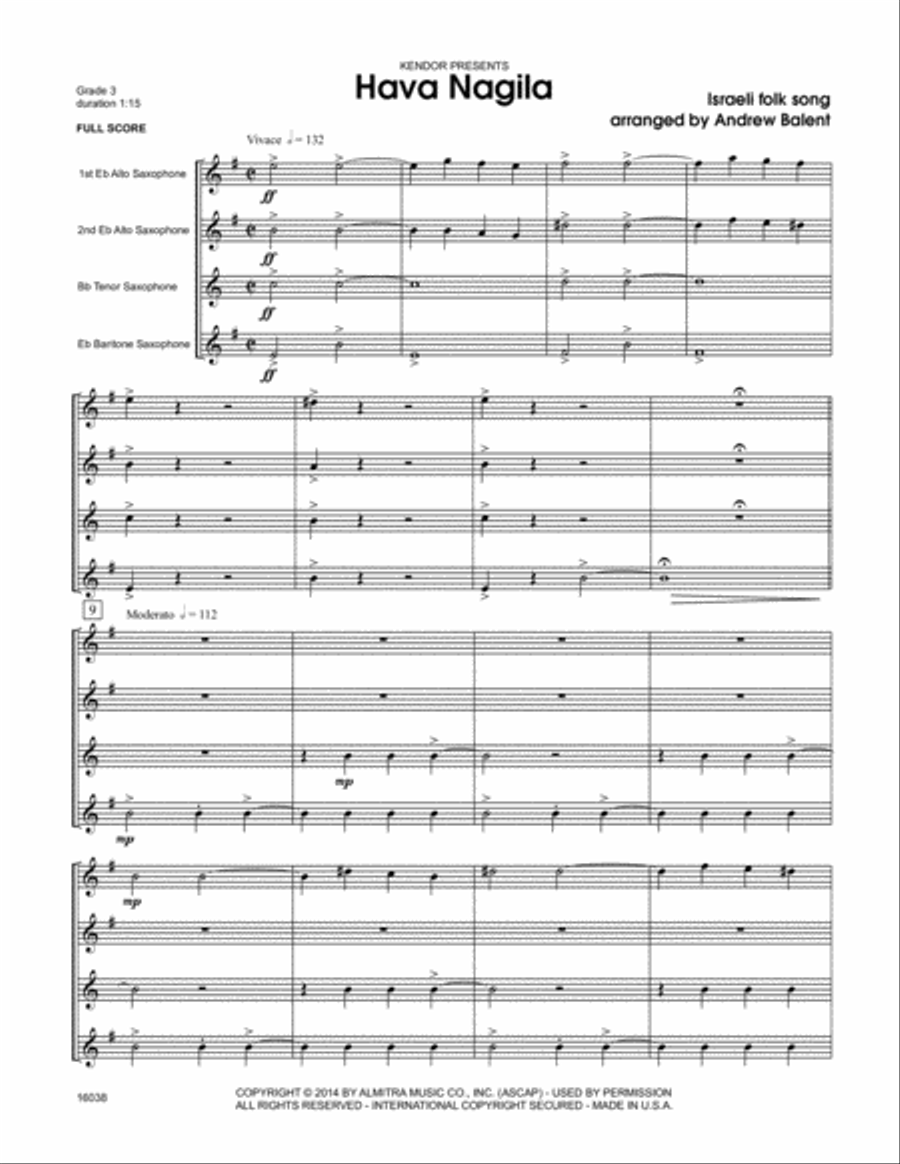 Hava Nagila Hava Nagila Saxophone Quartet scores gallery preview page 2