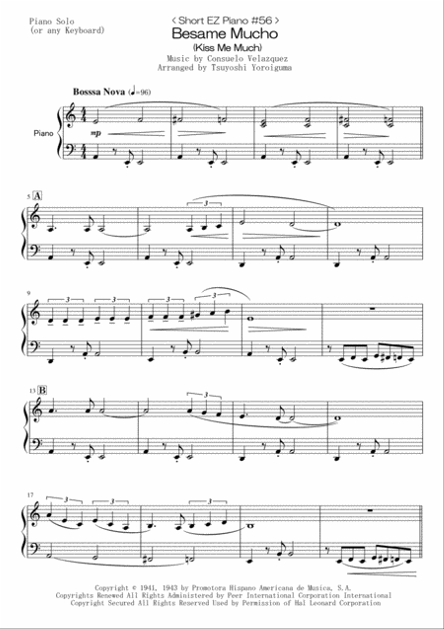 Besame Mucho (Kiss Me Much) Easy Piano scores gallery preview page 1