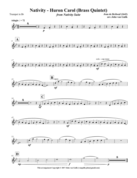 Nativity - Huron Carol - Brass Quintet - Score and all parts image number null