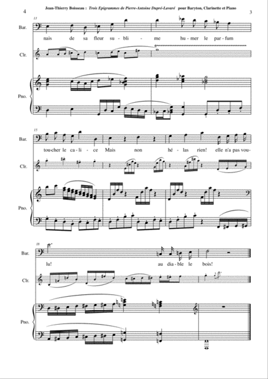 Jean-Thierry Boisseau: Trois Épigrammes de Pierre-Antoine Dupré-Lavaré for baritone, Bb clarinet and Small Ensemble scores gallery preview page 4