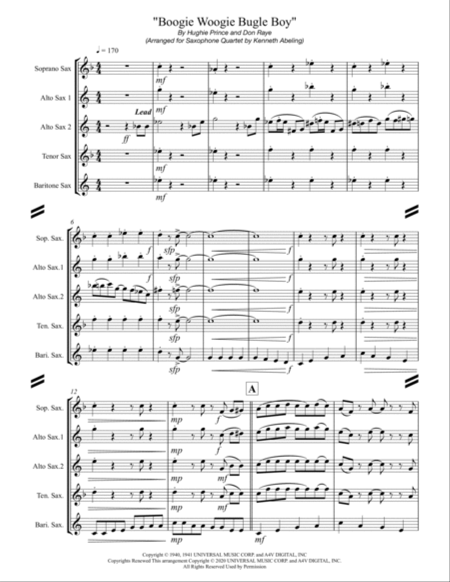 Boogie Woogie Bugle Boy Saxophone Quartet scores gallery preview page 2