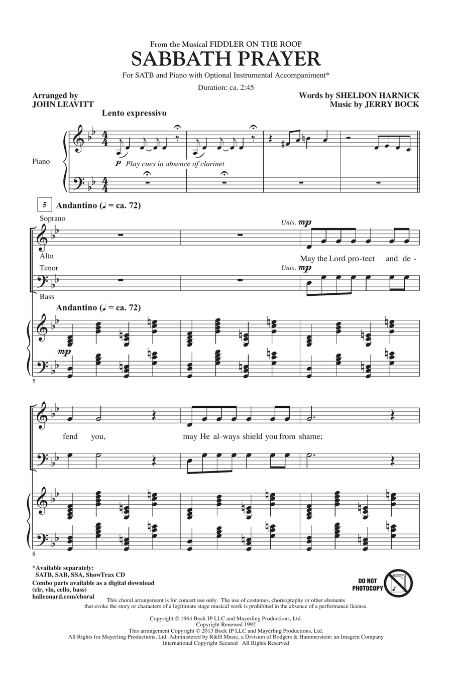 Sabbath Prayer (from Fiddler On The Roof) 4-Part scores gallery preview page 1
