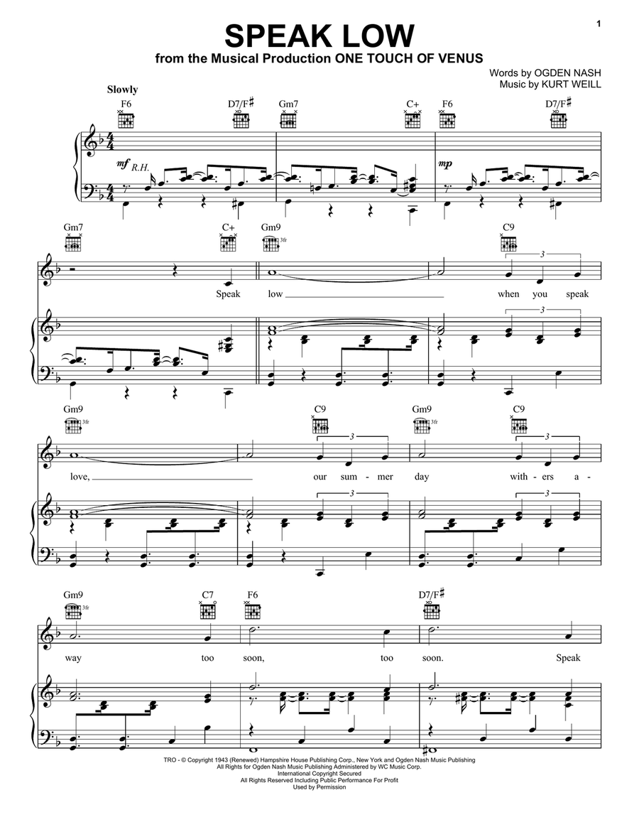Speak Low Piano, Vocal, Guitar scores gallery preview page 1