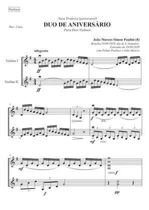 Duo de Aniversário, violin duo (2 min.). Full score and complete set of parts.