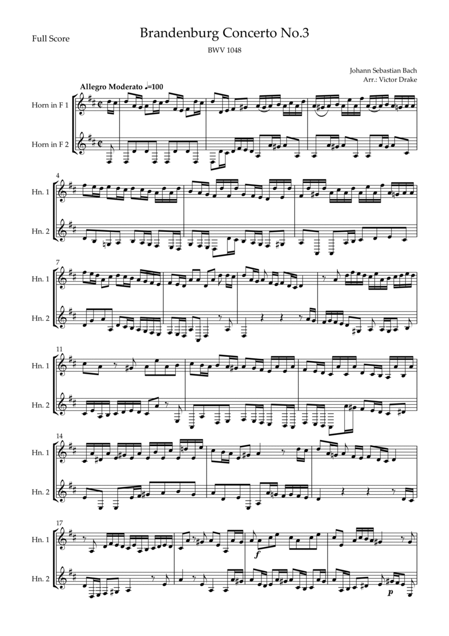 Brandenburg Concerto No. 3 in G major, BWV 1048 1st Mov. (J.S. Bach) for Horn in F Duo Brass Duet scores gallery preview page 1