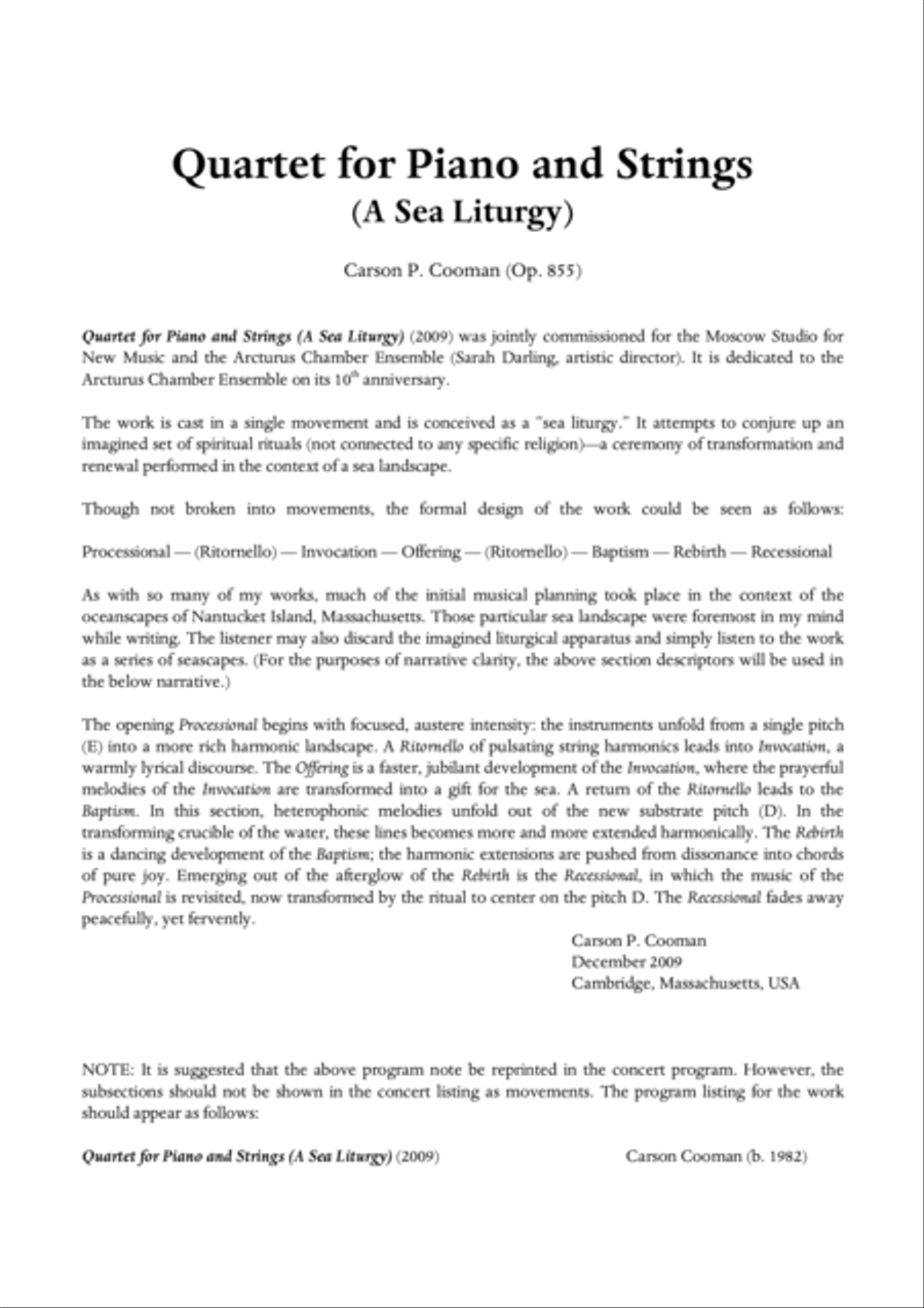 Carson Cooman : Quartet for Piano and Strings (A Sea Liturgy) (2009) for violin, viola, cello and pi Piano Quartet scores gallery preview page 1