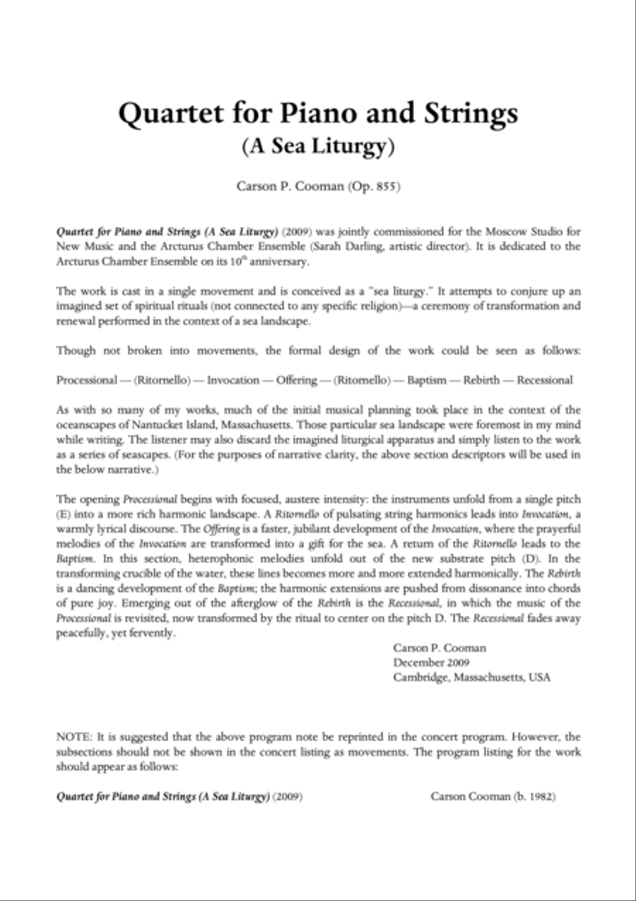 Carson Cooman : Quartet for Piano and Strings (A Sea Liturgy) (2009) for violin, viola, cello and pi
