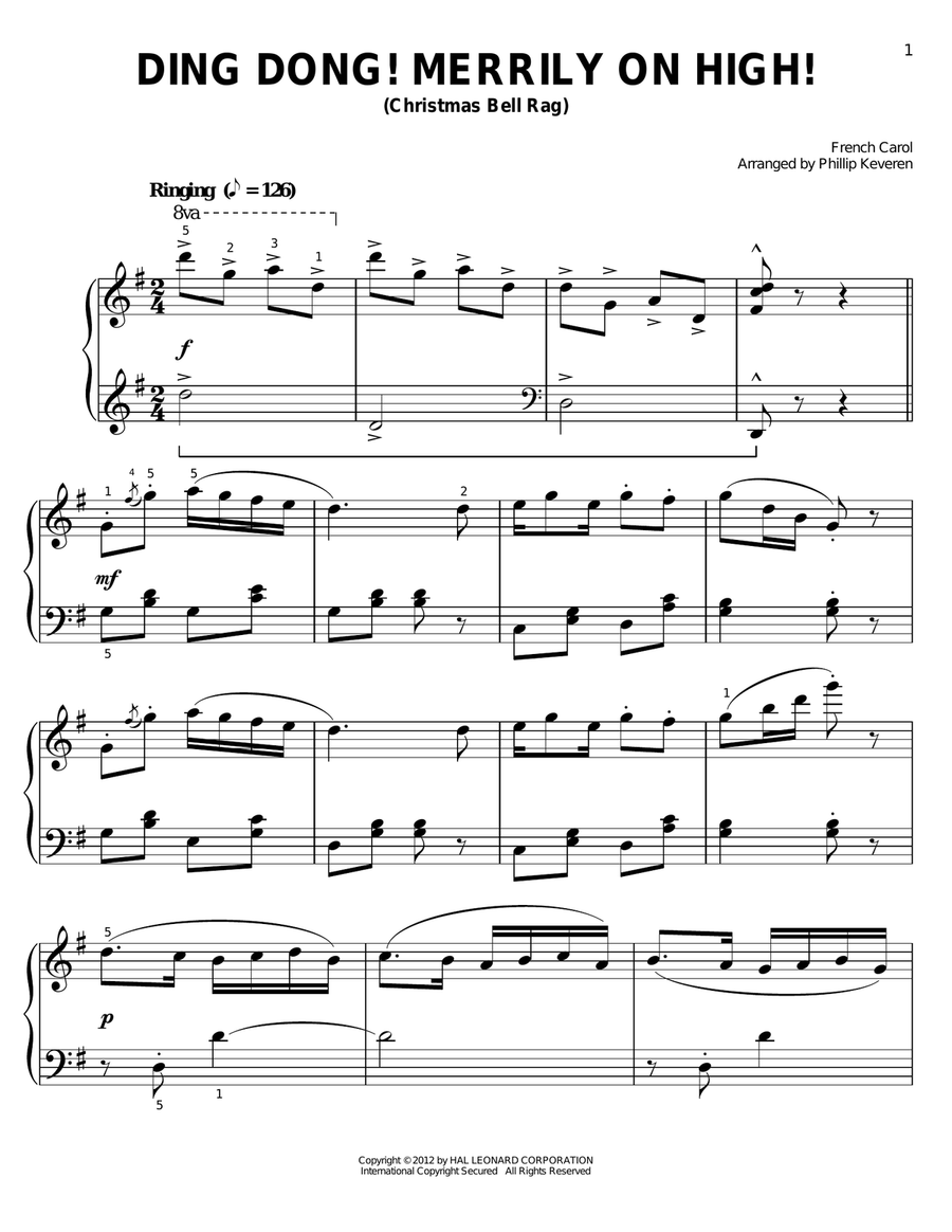Ding Dong! Merrily On High! [Ragtime version] (arr. Phillip Keveren) Voice scores gallery preview page 1